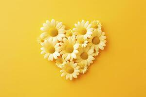 AI generated Yellow Heart Shaped By Yellow Daisies Over Yellow Background. AI Generated photo