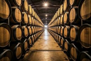 AI generated Wooden oak Port barrels in neat rows. AI Generated photo