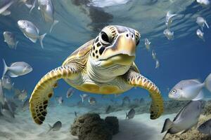 AI generated Turtle closeup with school of fish. AI Generated photo