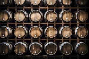 AI generated Wooden oak Port barrels in neat rows. AI Generated photo