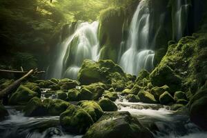 AI generated Waterfall landscape with rocks covered in green moss. AI Generated photo