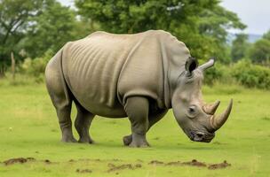 AI generated White Rhino grazing. AI Generated photo