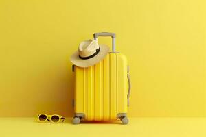 AI generated Yellow suitcase with sun glasses and hat on yellow background. travel concept. Generative AI photo