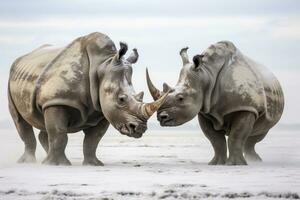 AI generated Two Rhinoceros getting ready for fight on Ice. AI Generated photo