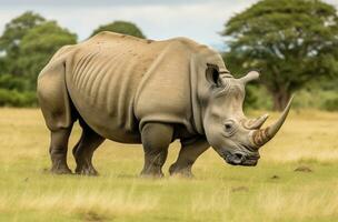 AI generated White Rhino grazing. AI Generated photo