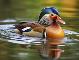 ai generado de cerca de mandarín Pato nadando en lago. generativo ai. foto