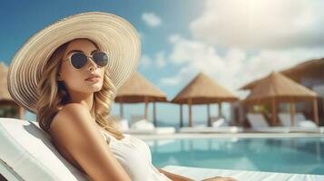 AI generated Beautiful caucasian woman relaxing at swimming pool during vacation photo