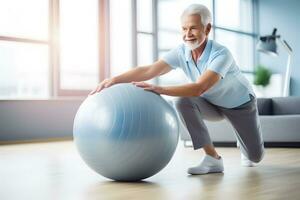 AI generated Senior Caucasian man doing exercise with a swiss ball at a gym photo