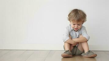 AI generated Sad little boy with mental trauma sitting on floor. photo