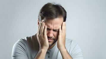 AI generated Handsome caucasian man suffering dizziness, vertigo, headache, fainting attack or stress photo