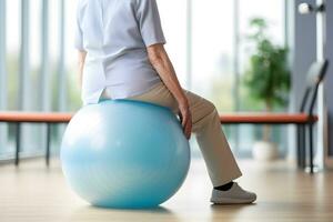 AI generated Caucasian senior doing exercise with a swiss ball at a gym photo