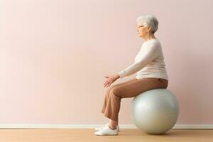 AI generated Senior Caucasian woman doing exercise with a swiss ball photo