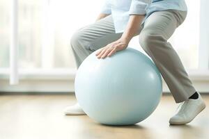 AI generated Caucasian senior doing exercise with a swiss ball at a gym photo