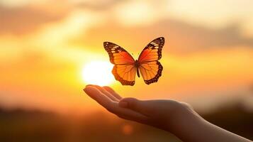 AI generated Butterfly on the hand of a woman during sunset photo