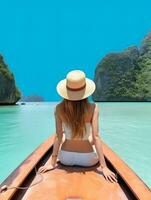AI generated Young woman traveler relaxing on the boat. Summer travel and vacation concept photo