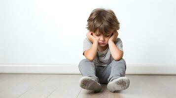 AI generated Sad little boy with mental trauma sitting on floor. photo