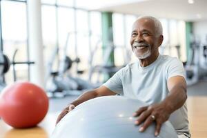 AI generated Senior African man doing exercise with a swiss ball at a gym photo