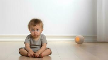 AI generated Sad and crying baby with mental trauma sitting on floor. photo