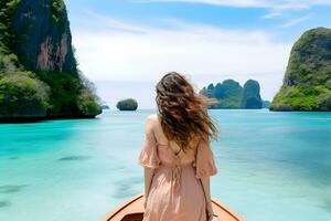 AI generated Young woman traveler relaxing on the boat. Summer travel and vacation concept photo