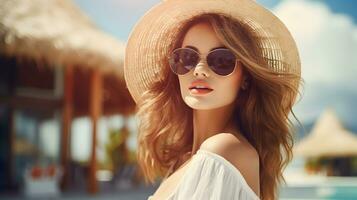 AI generated Beautiful caucasian woman relaxing at resort during vacation photo