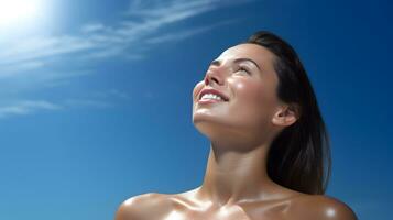 AI generated Beautiful caucasian woman with healthy perfect face skin enjoying sunbathing photo