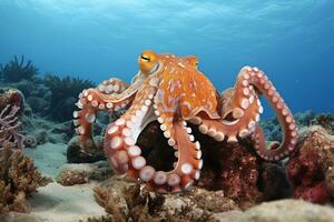 AI generated Octopus on the bottom of the sea. Close-up. photo