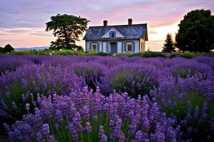 ai generado lavanda campo en frente de un hermosa casa a atardecer, un acogedor cabaña anidado en medio de un campo de lavanda, ai generado foto