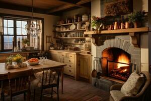 ai generado interior de un rústico país casa con hogar y comida mesa, un acogedor país cocina con un cálido, atractivo chimenea, ai generado foto