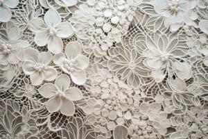 AI generated Close up of white lace fabric with flowers. Background and texture, A delicate and intricate texture of lace, AI Generated photo