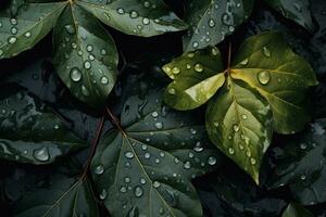 AI generated Water drops on green leaves background with copy space for text or design, A damp and slick texture of wet leaves, AI Generated photo