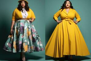 AI generated Collage of beautiful young woman in yellow dress and beret on blue background, A detailed showcase of plus size fashion trends, AI Generated photo