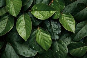 AI generated Green leaves background with water droplets, top view, copy space, A damp and slick texture of wet leaves, AI Generated photo