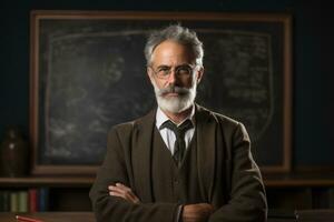 AI generated Portrait of a senior male teacher standing in front of a blackboard, A distinguished professor in front of a classic blackboard, AI Generated photo