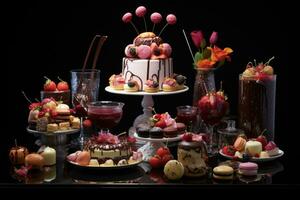 AI generated Assortment of different cakes on a black background. Toned, A display of decadent desserts made for mom, AI Generated photo