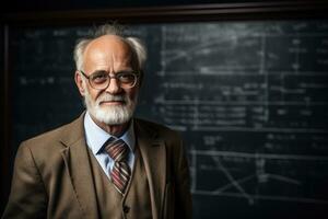 AI generated Portrait of a senior teacher in front of a blackboard, A distinguished professor in front of a classic blackboard, AI Generated photo