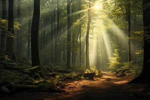 AI generated Morning in the forest with sunbeams and rays of light, A deep, mysterious forest with rays of sunlight filtering through the trees, AI Generated photo