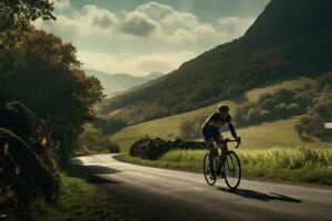 ai generado ciclista montando en el la carretera en el montañas debajo Tormentoso cielo, un ciclista pedaleo cuesta arriba en el campo, ai generado foto