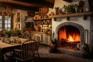 ai generado interior de un rústico casa con hogar y comida mesa, un acogedor país cocina con un cálido, atractivo chimenea, ai generado foto