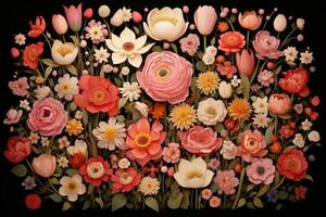 AI generated floral background with pink, white and red flowers on black background, A detailed illustration of blooming flowers arranged to form a 'Happy Mothers Day' message, AI Generated photo