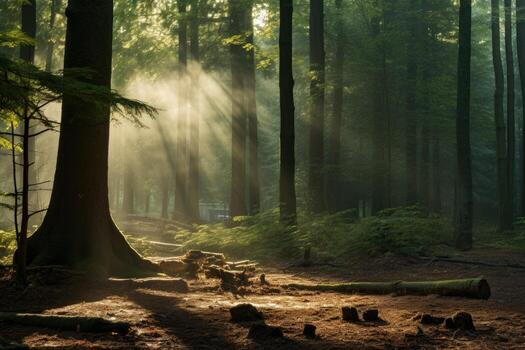 AI generated Morning in the forest. Sun rays through the tree trunks, A deep, mysterious forest with rays of sunlight filtering through the trees, AI Generated photo