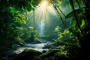 AI generated Waterfall in tropical forest with sunbeams and lens flare, A dense, lush rainforest with sunlight filtering in through thick foliage, AI Generated photo