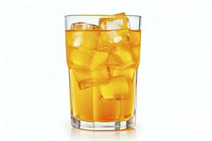 AI generated A glass of orange soda water with ice cubes on white background. AI Generated photo