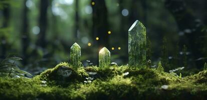 ai generado cristales con Luna etapas imagen de musgo en un misterioso bosque, natural antecedentes. generativo ai foto
