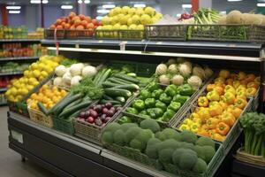 AI generated Fruits and vegetables on shop stand in supermarket grocery store. AI Generated photo