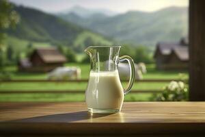 AI generated Glass pitcher with fresh milk on a wooden table. AI Generated photo