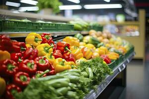 AI generated Fruits and vegetables on shop stand in supermarket grocery store. AI Generated photo