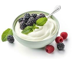 AI generated Green bowl of greek yogurt and fresh berries isolated on white background. AI Generated photo