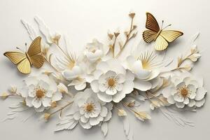 AI generated Goden butterflies with white flowers. AI Generated photo
