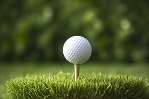 ai generado blanco golf pelota en de madera tee con césped. generativo ai foto