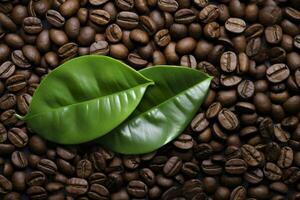 AI generated Green leaves with coffee beans as background. AI Generated photo